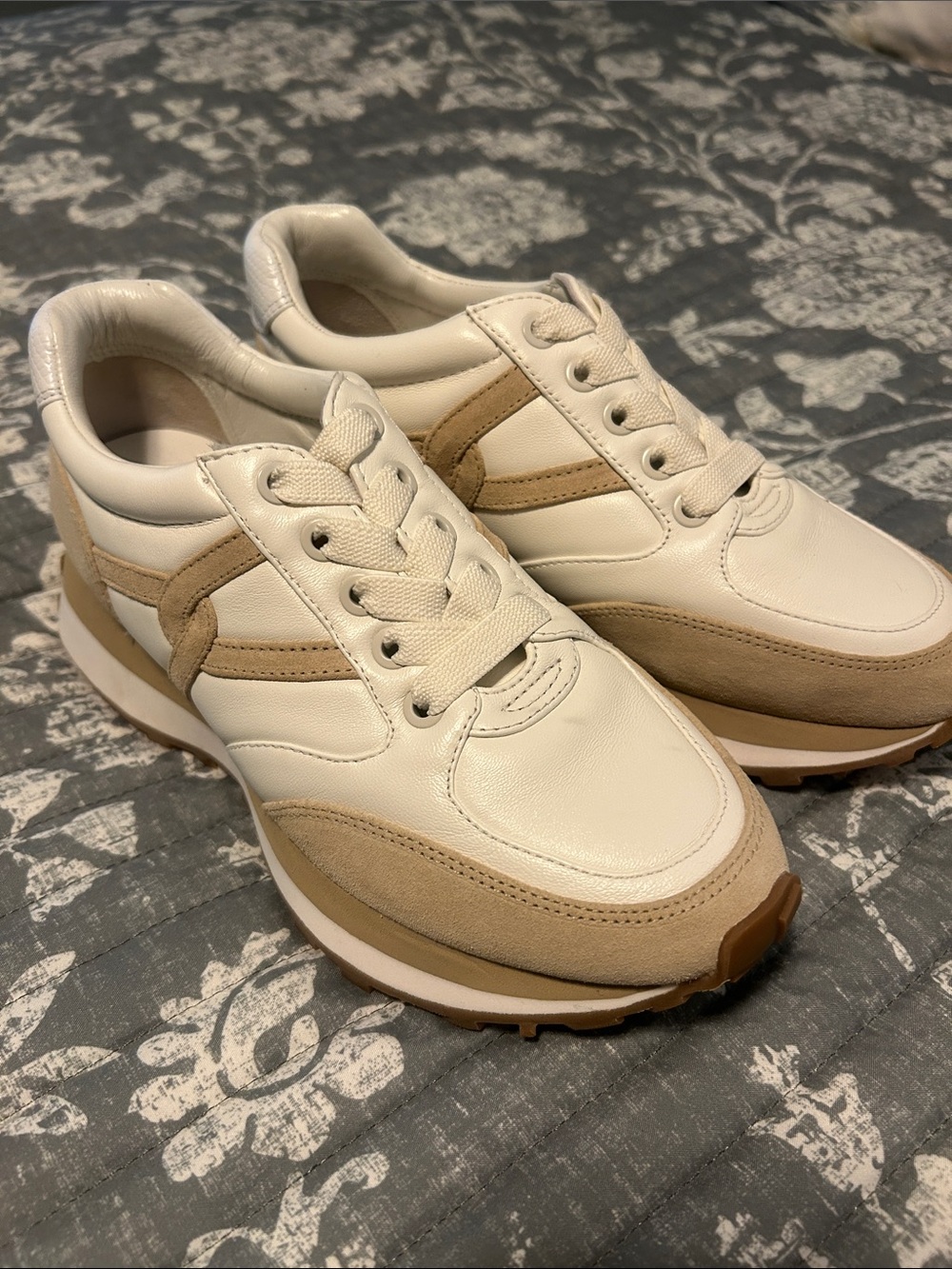 Veronica Beard Cream and Beige Leather Suede Sneakers